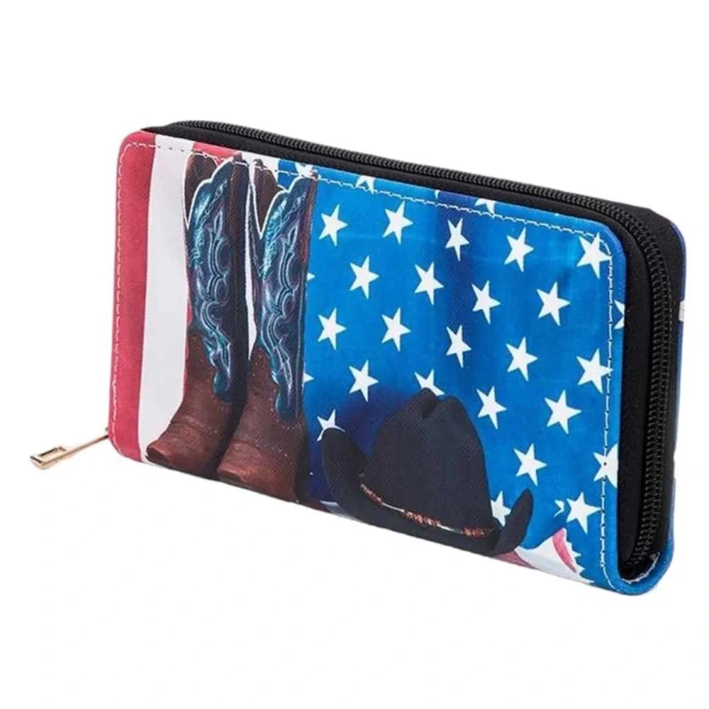 NWT PU leather accordion wallet American flag western hat and boots patriotic